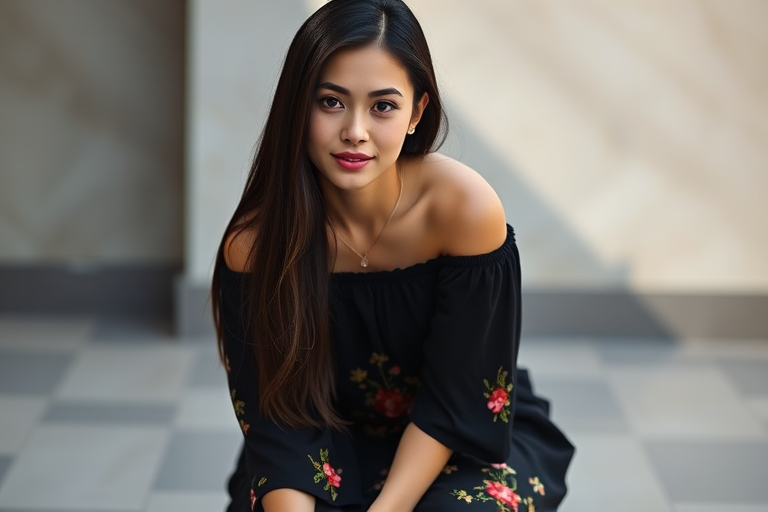 Capture a high-resolution image of a woman with long dark hair kneeling, wearing a black off-shoulder dress with floral embroidery, using a Canon EOS 5D Mark IV, 50mm lens, f/1.8 aperture, ISO 100, natural light, shallow depth of field, focus on the subject's expression, and a soft blurred background.