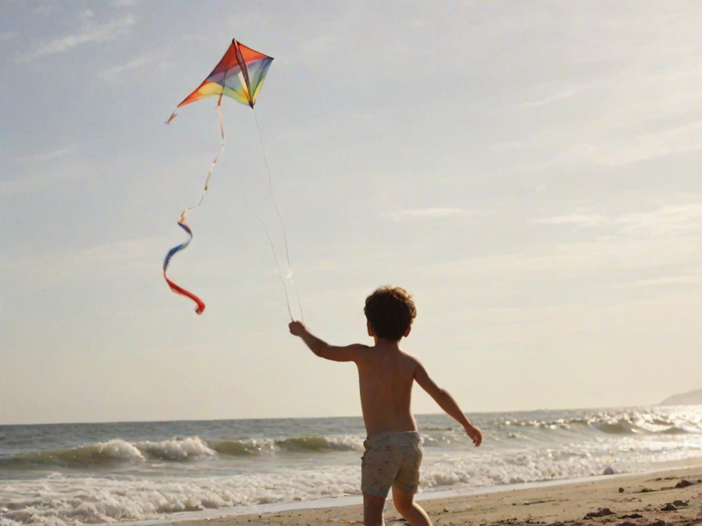 Blurry action shot of a child flying a kite on a windy beach, soft focus on the kite as it soars through the sky, with distant waves crashing against the shore.