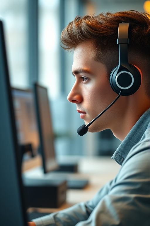 Regenerate an image of a young man wearing a headset, focused on his computer screen in a modern office setting, use a 50mm lens, aperture f/1.8, ISO 400, natural light, a shallow depth of field, from a slightly angled side view, with a soft focus on the background.