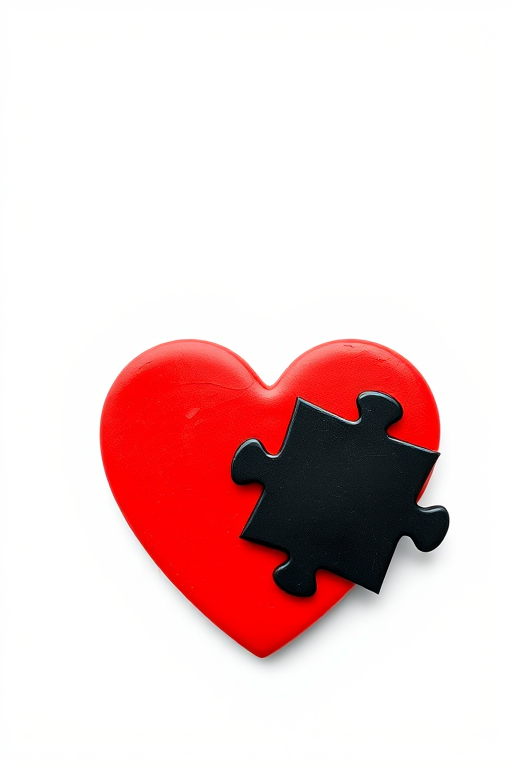 Create a vibrant red heart image with two black puzzle pieces, use a high-resolution digital camera, set aperture to f/8, ISO 100, 50mm lens, with a 3/4 view and a clean white background for enhanced contrast.