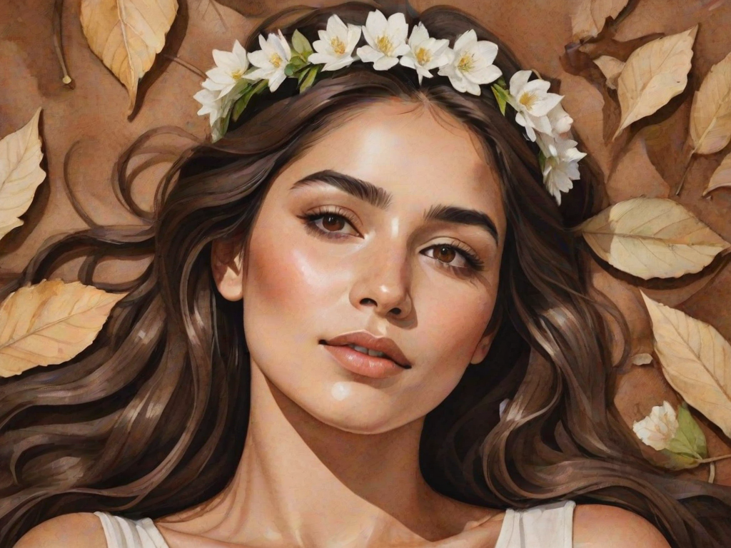create a watercolor painting of an ethereal portrait of beautiful Kurdish woman with a simple white flower crown on her head. Her hair is long and she is lying on the ground. The sunlight on the trees casts shadows from the leaves on her face and body. The background is a neutral brown color that matches her skin tone. The image is minimalist and solid colors. This style is characterized by soft, delicate brushstrokes and a light, airy, contrasting color palette. High level of detail and play of light
