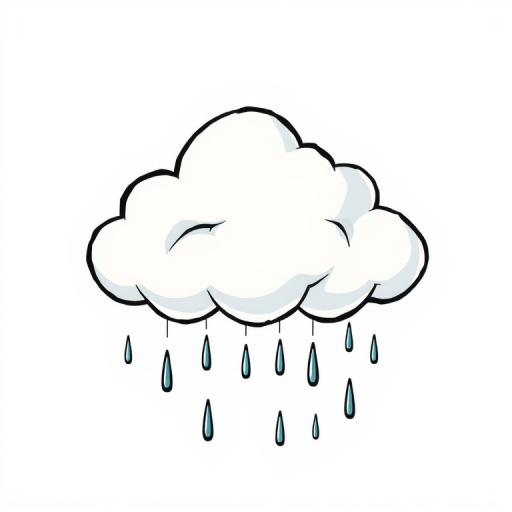 Create a stylized illustration of a cartoon cloud with raindrops falling from it, using a digital drawing style, with a focus on contrast and smooth lines, captured with a high-resolution digital camera at 50mm focal length, f/2.8 aperture, and 1/250s shutter speed for clear details and vibrant colors.