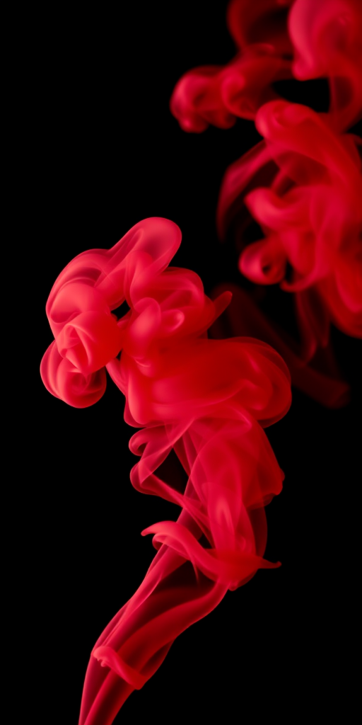 Create a vivid red smoke cloud on a black background, captured with a Canon EOS R5, 50mm lens, aperture f/1.8, ISO 100, at a high shutter speed of 1/2000s, using a low-angle view to emphasize the shape and density of the smoke.