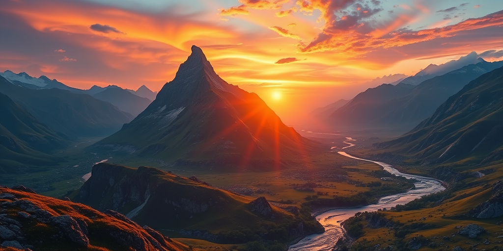 Create a vibrant digital artwork of a fantasy landscape featuring a majestic mountain range at sunset, with lush valleys and a flowing river, captured from a wide-angle perspective using a DSLR camera at f/8 aperture, ISO 100, and a shutter speed of 1/200s for enhanced detail and clarity.
