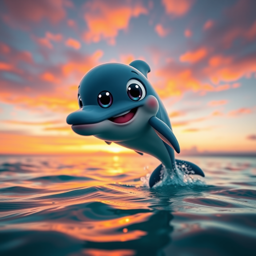 Create a whimsical cartoon dolphin with oversized eyes, leaping joyfully from vibrant teal ocean waters, against a colorful sunset sky, using a Canon EOS R5 camera, aperture f/4.0, shutter speed 1/250s, ISO 100, with a wide-angle lens to capture vivid colors and details.