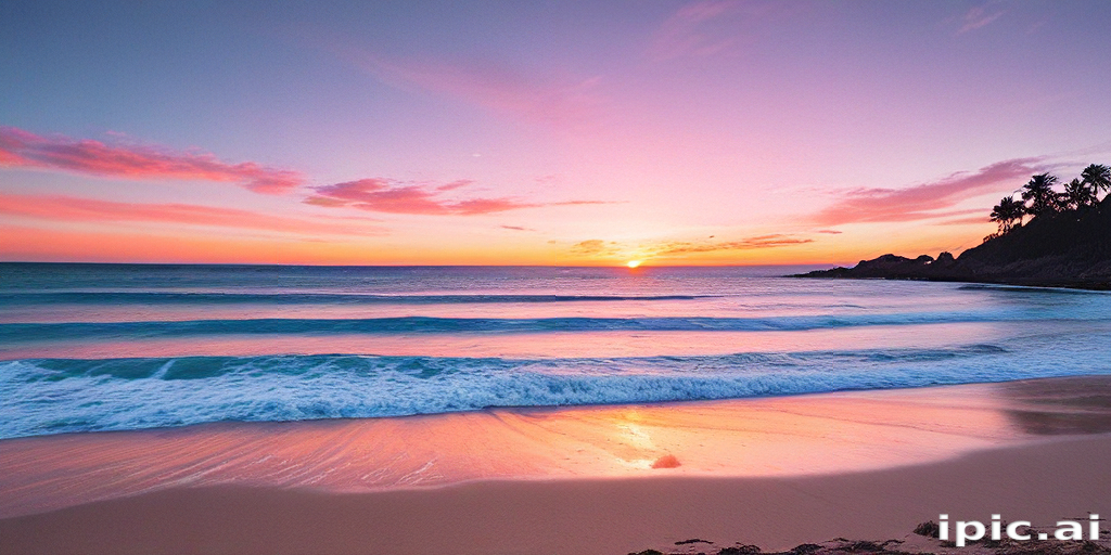 Serene Sunset Over a Tranquil Beach with Gentle Waves and Clouds