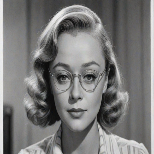 Fascinating Glynis Johns, pencil sketch, portrait of Alluring woman 1937s in glasses, hair style beatnik, outline, clear lines, fine lines, 8k