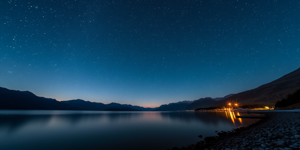 Generate a high-quality image of a starry night sky over a tranquil lake with mountains in the background, using a Canon EOS R5, f/2.8 aperture, ISO 3200, exposure time of 10 seconds, wide-angle lens, and a shooting view from the lakeshore.