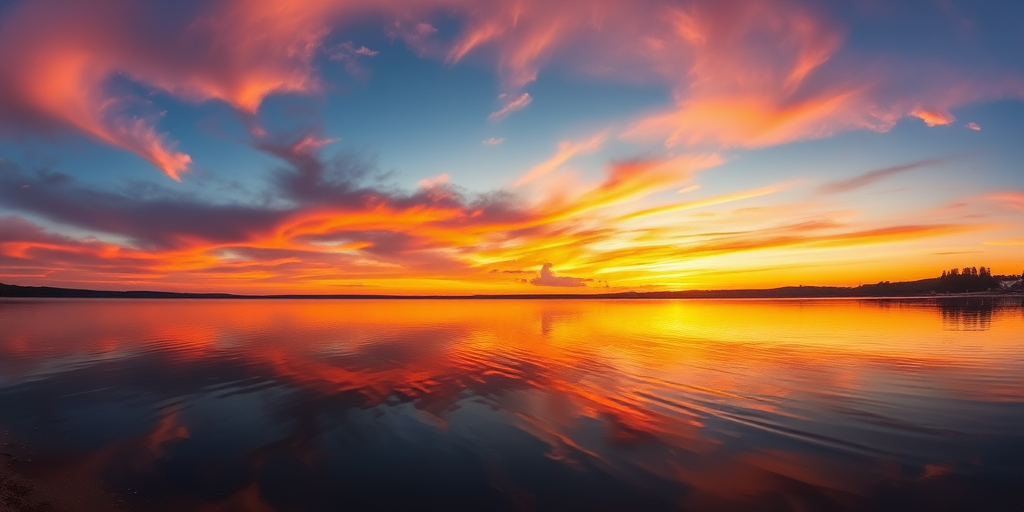 Generate a high-resolution image of a sunset over a tranquil lake, with vibrant colors reflecting on the water's surface, using a DSLR camera, aperture f/2.8, shutter speed 1/200s, ISO 100, wide-angle lens, capturing a panoramic view.