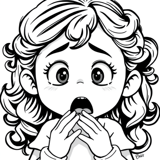 The image is a black and white illustration of a young girl with curly hair. She has a surprised expression on her face with her mouth open and her hands clasped together in front of her chest. Her eyes are wide and her eyebrows are furrowed. Her hair is styled in loose curls that are cascading down her back. The overall mood of the image is one of shock or surprise.