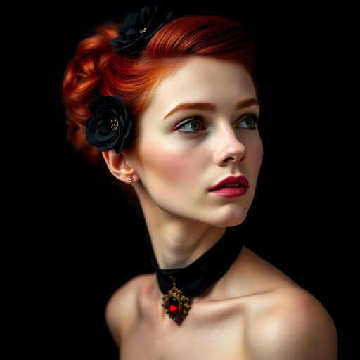 A young woman with bright red hair styled in a voluminous updo adorned with black floral accents, wearing a black choker with a large red gemstone pendant, looks off to the side with a slightly pensive expression, her face softly lit against a dark background.  The image is composed as a portrait, shot from a close-up perspective, with the subject filling most of the frame.  The woman's skin appears fair and flawless, with a subtle glow.  The overall atmosphere is elegant and slightly dramatic.