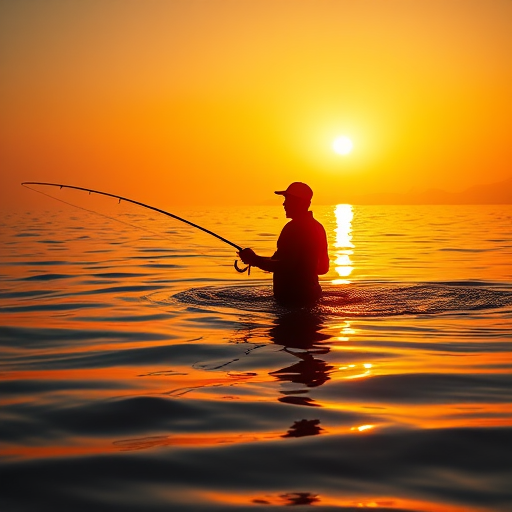 A fisherman silhouetted in golden water at sunrise, reflections shimmering, shot with a Canon EOS R5, 50mm lens at f/1.8, ISO 100, 1/2000s, capturing a serene and vibrant atmosphere.