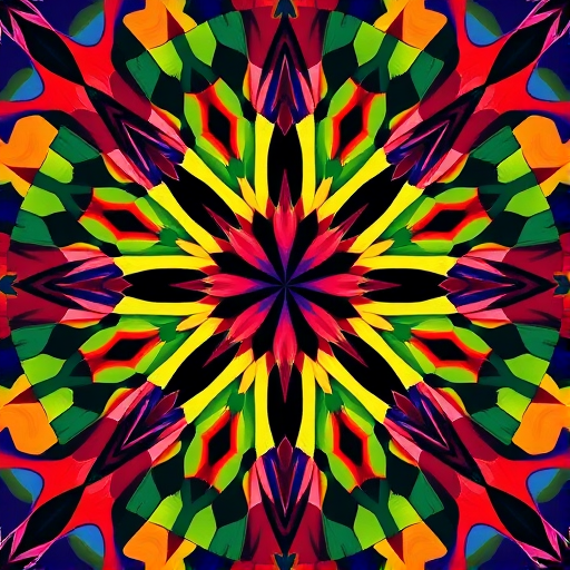 Create a high-resolution illustration of an abstract geometric pattern with vibrant colors, using a Canon EOS R5, 24mm lens, f/4 aperture, ISO 100, natural light, top-down view, and a sharp focus to enhance detail and clarity.