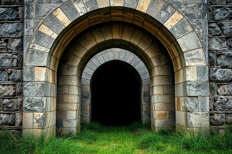 A weathered stone archway with a dark void inside, surrounded by textured walls and overgrown grass, captured with a DSLR camera at f/8 aperture, 1/125s shutter speed, ISO 200, in HDR style, from a low angle view to emphasize the arch's height.
