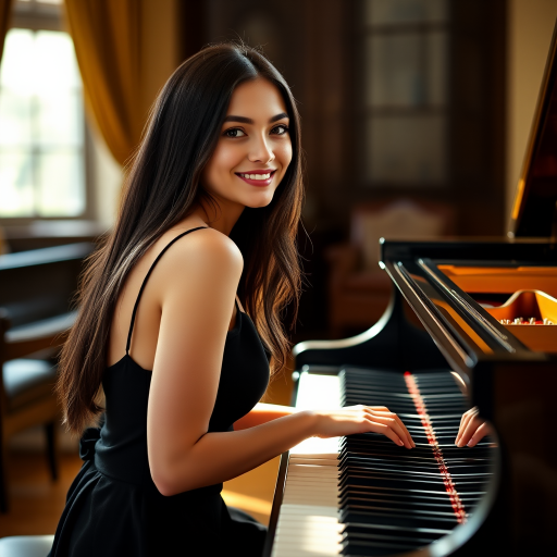 A young woman with long, dark hair smiles at the viewer as she sits at a grand piano, her right hand poised over the keys. The scene is lit by warm, natural light, highlighting the elegant simplicity of the woman's black dress. The perspective is from the side, emphasizing the contrast between the woman's delicate form and the grand scale of the piano. The ivory keys and dark wood of the piano create a striking visual contrast, further emphasized by the rich black of her dress.