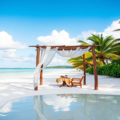 Create a picturesque tropical beach scene featuring a serene, white sandy shore. In the foreground, there's a rustic wooden canopy with white drapes gently flowing in the breeze. Underneath the canopy, a table is set with tropical decor, evoking a sense of relaxation and leisure. The beach extends into a calm, shallow water area with reflections of the sky and surroundings. Palm trees and lush greenery line the edge of the beach, providing a natural, tropical backdrop. The sky is clear with a few scattered clouds, and the overall atmosphere is tranquil and inviting, perfect for a peaceful retreat.