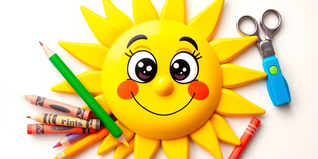 A cheerful cartoon sun character with large expressive eyes surrounded by colorful crayons, a green pencil, a pair of scissors, and a blue tube of paint on a white background; shot with a high-resolution DSLR camera at f/8 aperture, 50mm lens, daylight setting, and soft focus for enhanced clarity.