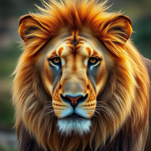 regenerate a close-up portrait of a lion with a majestic mane, vibrant colors emphasizing the golden and reddish hues, with a soft bokeh background, using a DSLR camera, with a 85mm lens, f/1.8 aperture, ISO 200, and a focal length of 85mm, natural light settings for enhanced clarity and detail