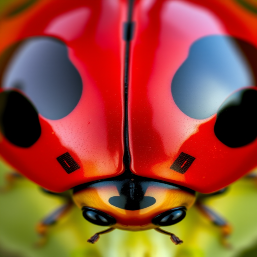 Create a high-resolution digital illustration of a cartoon ladybug with glossy red shell and black spots, using a macro lens at f/2.8, ISO 100, 1/200 sec exposure, shot from a top-down view with a vibrant color palette, emphasizing the shiny texture and details of the ladybug's body.