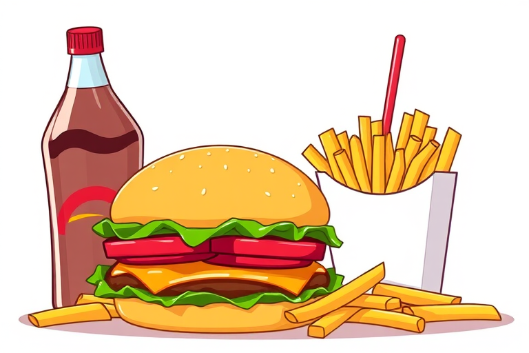 Illustration of a fast food meal featuring a hamburger, a box of fries, and a bottle of soda, captured in a high-resolution digital format, with a focus on vibrant colors and sharp details, set against a plain background, using a DSLR camera with a 50mm lens, aperture set to f/2.8 for depth of field.
