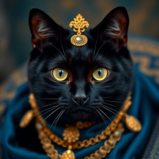 Create a highly detailed, close-up portrait of a regal black cat adorned with intricate golden jewelry and rich blue textiles, shot with a DSLR camera at f/1.8 aperture, ISO 200, and a 50mm lens in low light, with a soft focus background to enhance depth and texture.