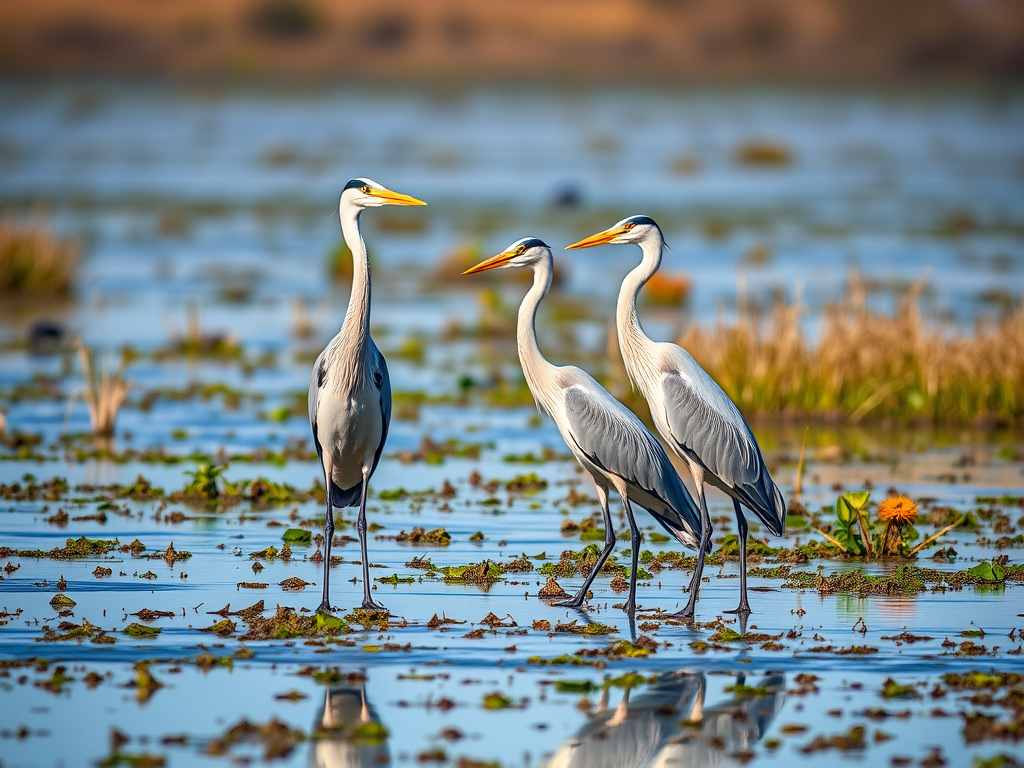 A group of three elegant herons standing in a serene wetland, captured with a DSLR camera, 50mm lens at f/2.8, natural lighting, with high dynamic range settings for vibrant colors and sharp details.