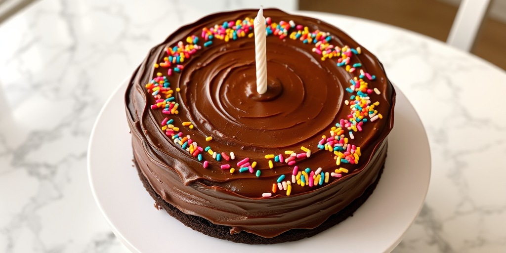 A round chocolate cake with rich chocolate frosting, decorated with colorful sprinkles on top and a single candle in the center, placed on a white cake stand, set on a marble table.