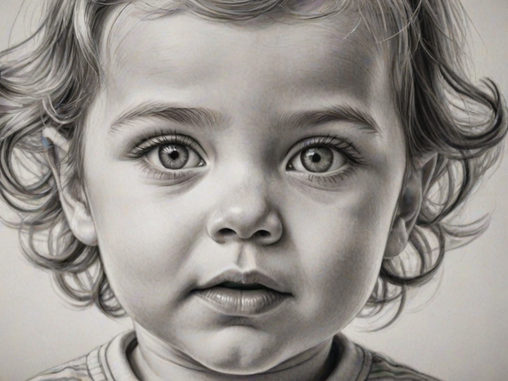 A hyperdetailed photorealistic black and white sketch of a beautiful toddler with deep green eyes, with a macro focus