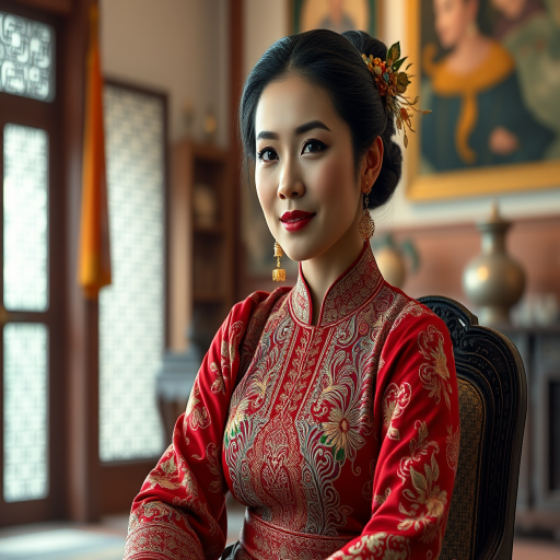 A beautiful Lao woman in traditional East Asian attire, intricately detailed with embroidered patterns, sitting gracefully in a richly decorated room, soft ambient lighting, serene and elegant, ultra-realistic, 8K resolution