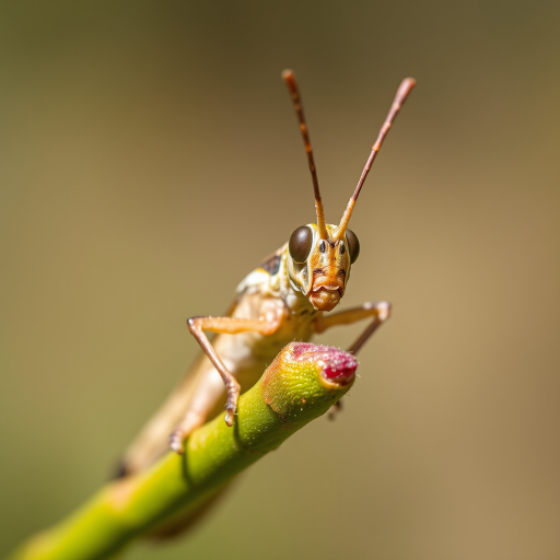 A detailed close-up of a grasshopper perched on a green branch, captured with a macro lens at f/2.8, ISO 100, 1/200 sec, natural lighting, using a DSLR camera with a shallow depth of field to emphasize texture and color details.