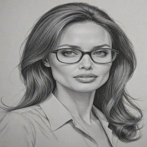 Beautiful Angelina Jolie, pencil sketch, portrait of beautiful woman 60s in glasses, hair style beatnik, outline, clear lines, fine lines, 8k