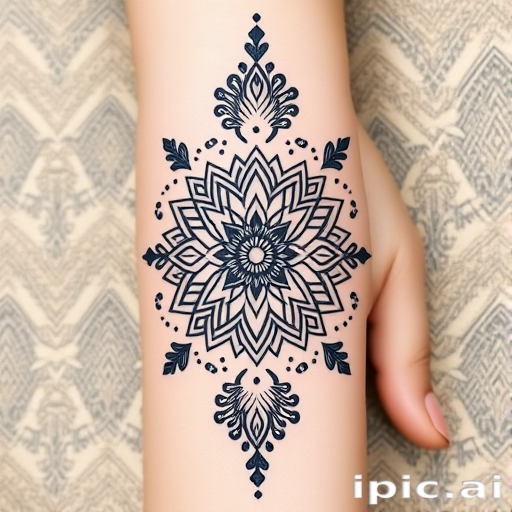 Ornamental blackwork tattoo called "Mehndi Fusion" combining traditional henna patterns with geometric elements and dotwork shading for a modern twist on ancient art