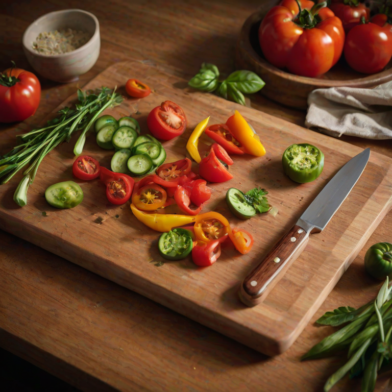 Warmly lit, close-up photo of a wooden cutting board covered in fresh vegetables, soft light illuminating the vibrant colors of tomatoes, peppers, and herbs, with a sharp chef's knife resting nearby.