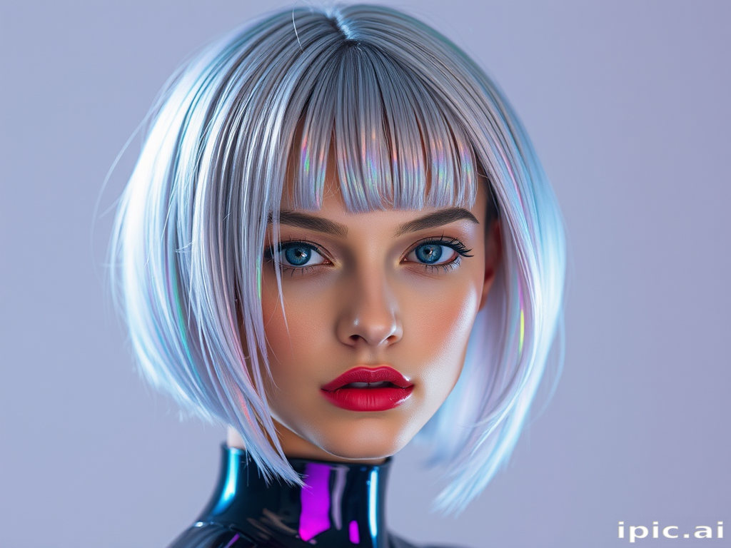Futuristic shot of a model with Holographic Chrome hair, a silvery base that shifts colors in the light, styled in a sleek, geometric bob