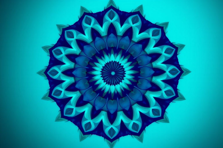 Create a high-resolution digital image of a swirling mandala pattern featuring varying shades of blue and green, intricate petal shapes radiating outward from a central point, with a soft gradient background, captured using a DSLR camera with a 50mm lens at f/8, ISO 100, and a slight vignette effect for depth.