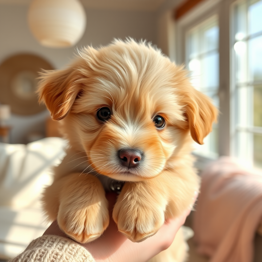 Generate an image of a fluffy light brown puppy being held by a person with a cozy indoor background featuring sunlight and soft textures the puppy has a cute expression with big eyes and a small nose