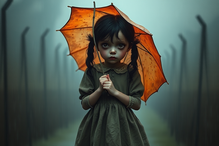 An eerie, weird little girl with dark hair in thin pigtails, wearing a smock dress, standing in the rain, holding a dirty orange umbrella, a small, odd creature beside her. In a surreal style inspired by Nicoletta Ceccoli and Brian Froud. Dark fantasy themes