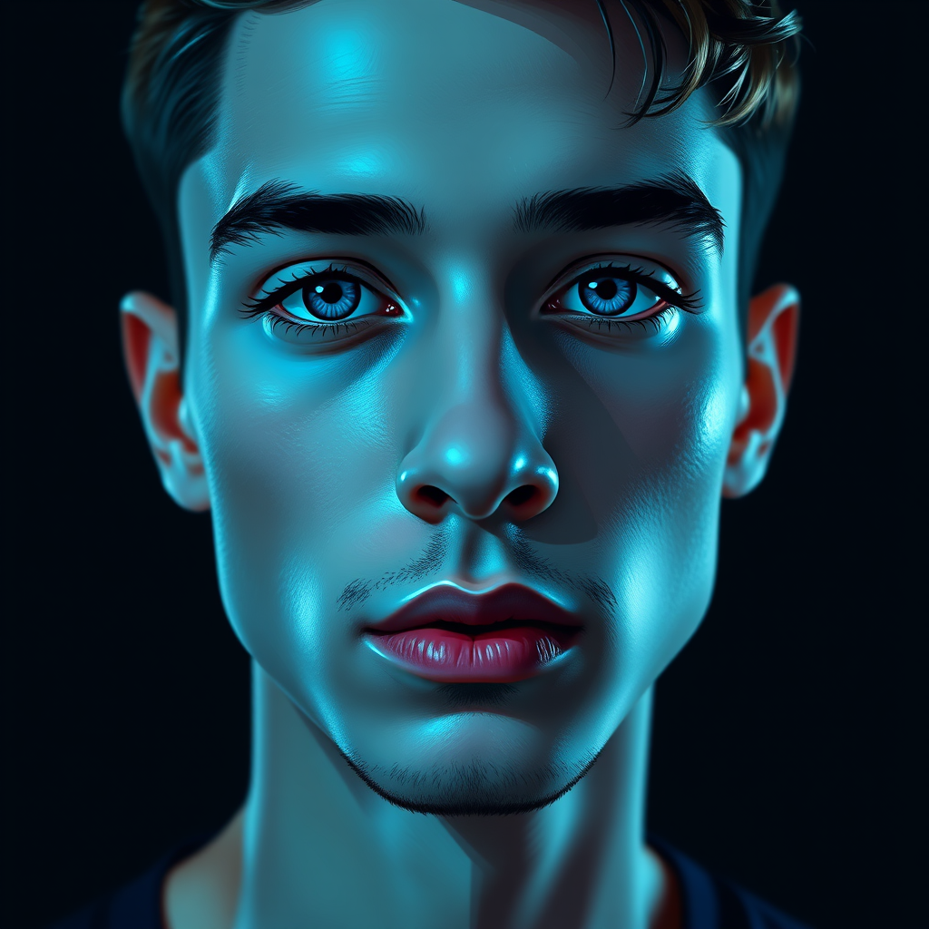 Create a split-portrait illustration of a young man with intense blue highlights, using a Canon EOS R5 with an 85mm f/1.2 lens, shot at ISO 100, f/2.8, shutter speed 1/200s, in a soft focus style with a painterly effect.