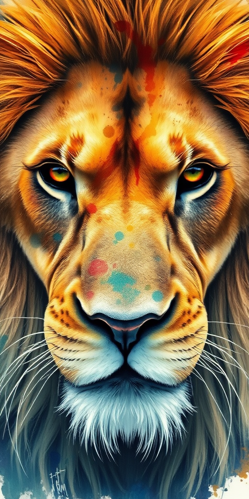 Generate a high-resolution watercolor painting of a lion's face with vibrant colors and dynamic splashes, using a DSLR camera with a 50mm lens, aperture set to f/2.8, shutter speed at 1/200s, and ISO 100, focused closely on the lion's expression to enhance detail and texture.