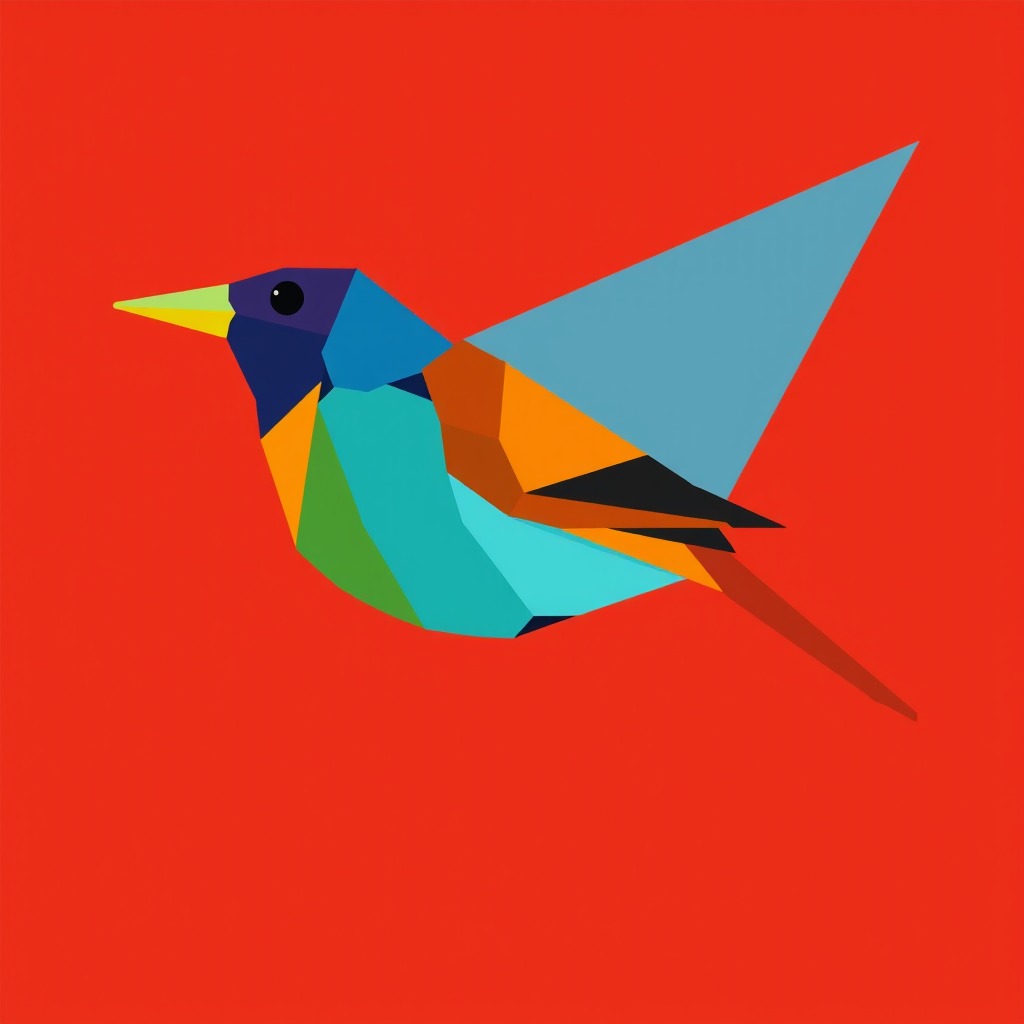 Create a vibrant, minimalist graphic of a geometric bird in shades of red, orange, blue, and green, with a flat design style, using a Canon EOS R, 50mm lens, f/2.8 aperture, ISO 100, and a soft-focus background to enhance the subject.