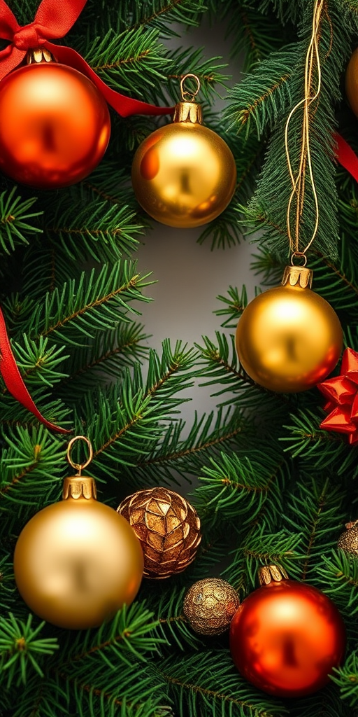 Create a festive background with evergreen branches and gold ornaments, using a DSLR camera with a 50mm lens, aperture f/2.8, ISO 100, and a focus on vibrant colors and high detail, capturing the scene from a slightly elevated angle for depth.