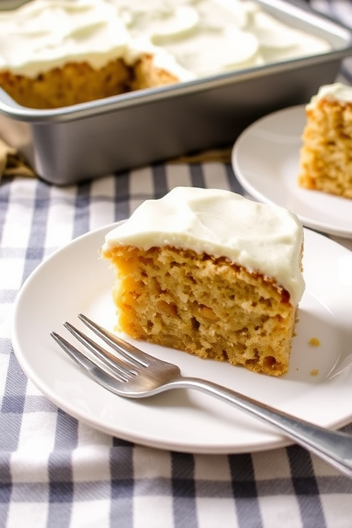 A slice of moist apple cake with cream cheese frosting on a white plate with a fork beside it, another slice on a nearby plate, and a metal baking pan in the background on a striped tablecloth.