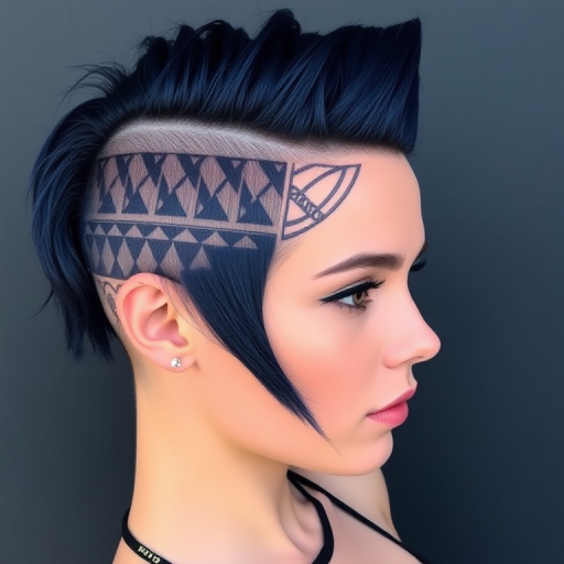 Striking midnight blue-haired vixen sporting an asymmetrical undercut with intricate, shaved patterns and bold, geometric lines