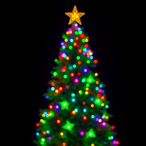 Create a vibrant Christmas tree illuminated with colorful lights against a completely dark background, shot with a DSLR camera at f/1.8 aperture, ISO 100, a shutter speed of 1/60 seconds, in a wide-angle view, using a long exposure technique for a glowing effect.