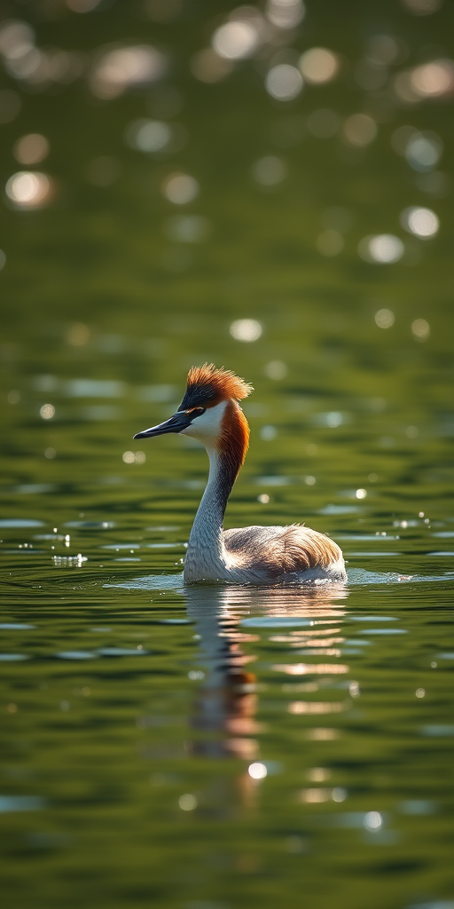 Capture a high-resolution image of a Great Crested Grebe swimming on a shimmering lake, using a DSLR camera, 300mm lens, f/5.6 aperture, ISO 400, 1/1000 sec shutter speed, with a shallow depth of field and natural lighting.