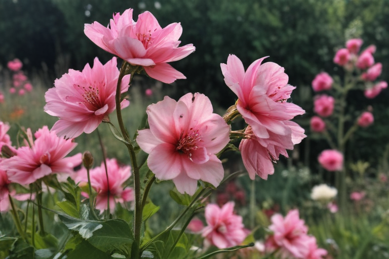 Vibrant Pink Flowers Blooming in a Lush Green Garden Setting
