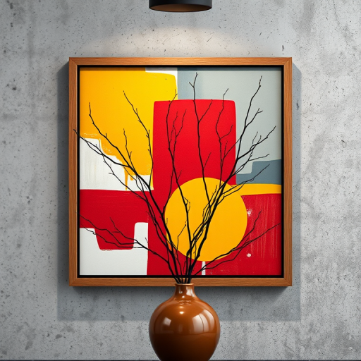 Generate a high-resolution image of a modern abstract artwork framed on a textured concrete wall, featuring bold colors like red, yellow, and gray, with a blurred background and sharp focus on the vase and branches in the foreground, using a DSLR camera with a 50mm lens, aperture set at f/1.8, ISO 200, and a slight vignette effect for depth.