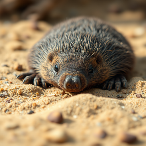 Create a highly detailed illustration of a mole lying on sandy soil, utilizing a macro camera with a 50mm lens, aperture set to f/1.8, shot from a low angle to emphasize texture and depth, with natural lighting for enhanced contrast and clarity.