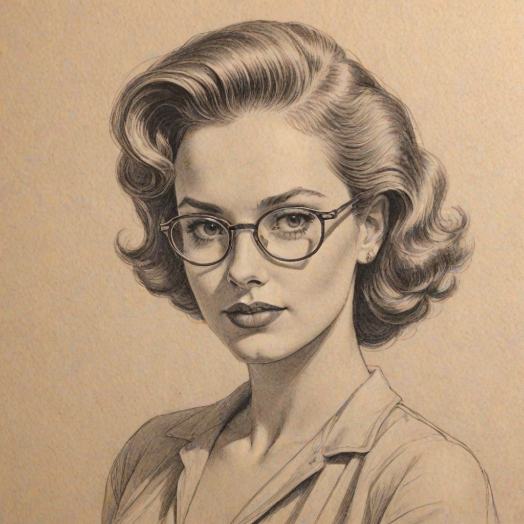 Lovely Zoe Laverne, pencil sketch, portrait of Ravishing woman 1949s in glasses, hair style beatnik, outline, clear lines, fine lines, 8k