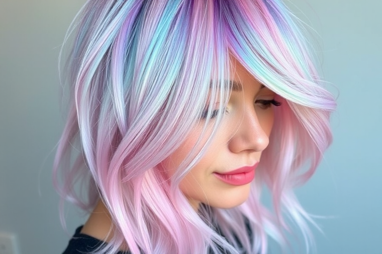 Iridescent opal-inspired hair color melding pastel pink, blue, and green tones, styled by Pearl Luminescence, featuring a long layered cut with face-framing tendrils and holographic glitter accents